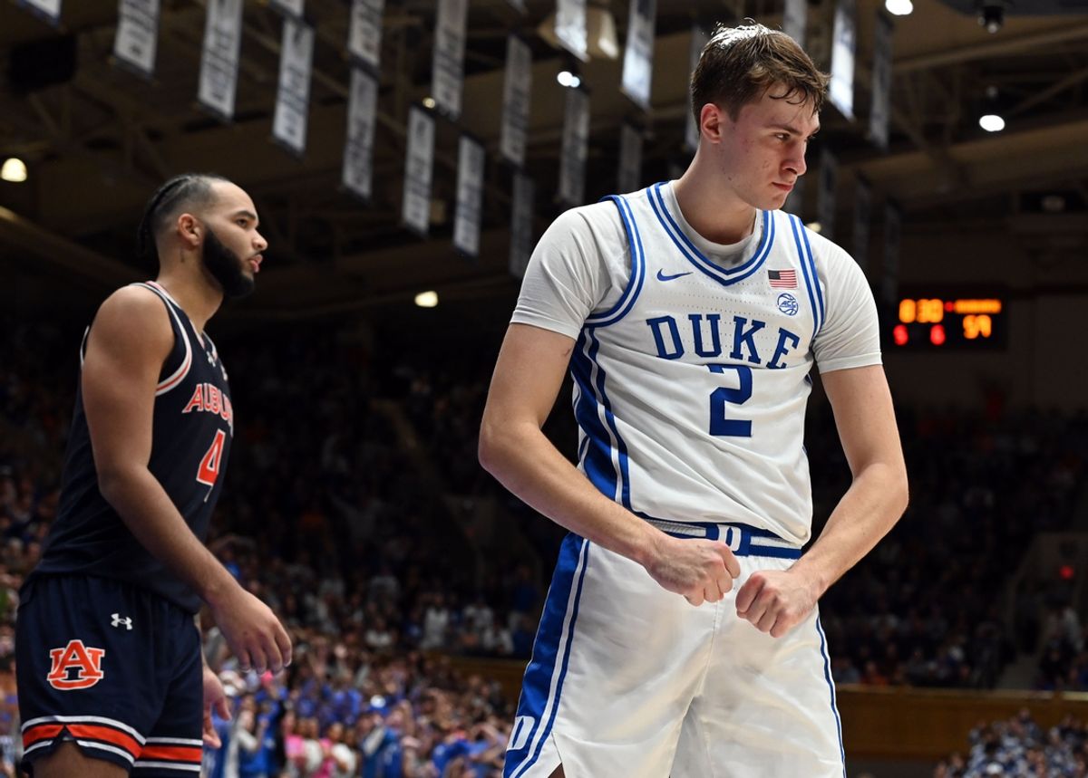 Dec 4, 2024; Durham, North Carolina, USA; Duke Blue Devils forward Cooper Flagg (2) reacts after scoring during the second half against the Auburn Tigers at Cameron Indoor Stadium.  The Blue Devils won 84-78.   Mandatory Credit: Rob Kinnan-Imagn Images