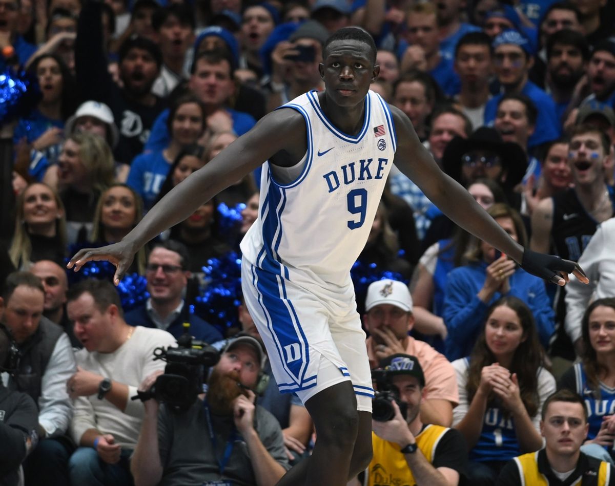 Dec 4, 2024; Durham, North Carolina, USA; Duke Blue Devils center Khaman Maluach (9) during the second half against the Auburn Tigers at Cameron Indoor Stadium.  The Blue Devils won 84-78.   Mandatory Credit: Rob Kinnan-Imagn Images