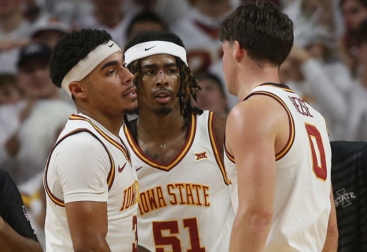 Iowa State Cyclones guard Tamin Lipsey (3), guard Keshon Gilbert (10) and guard Nate Heise (0) reacts after a defensive play during the second half in the NCAA men’s basketball at Hilton Coliseum on Wednesday, Dec. 4, 2024, in Ames, Iowa.