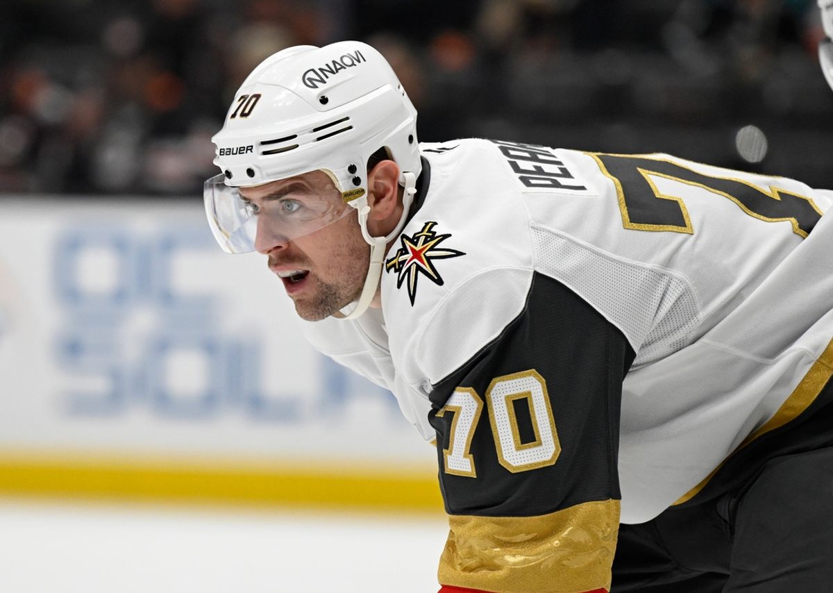 Dec 4, 2024; Anaheim, California, USA;  Vegas Golden Knights left wing Tanner Pearson (70) looks over during a face-off against the Anaheim Ducks in the second period at Honda Center. Mandatory Credit: Alex Gallardo-Imagn Images