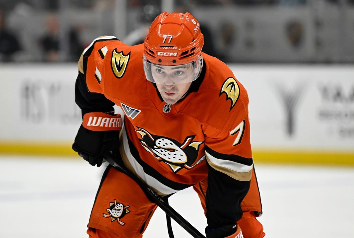 Dec 4, 2024; Anaheim, California, USA;  Anaheim Ducks right wing Frank Vatrano (77) looks over before a face-off against the Vegas Golden Knights during the second period at Honda Center. Mandatory Credit: Alex Gallardo-Imagn Images