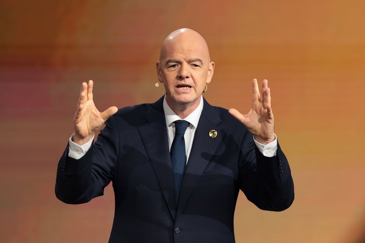 Dec 5, 2024; Miami, FL, USA; FIFA president Gianni Infantino speaks during the FIFA Club Word Cup draw at Telemundo Studios. Mandatory Credit: Sam Navarro-Imagn Images