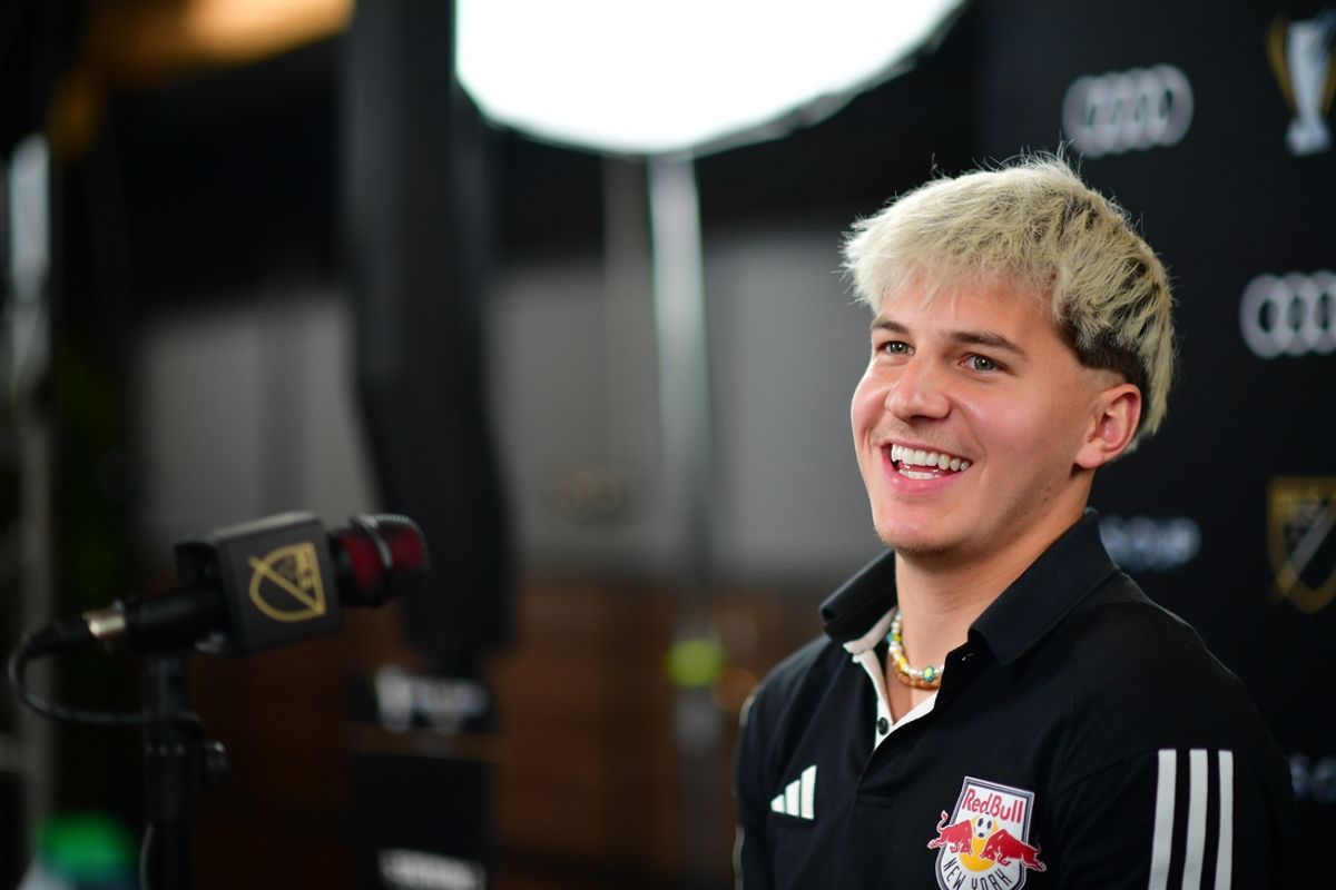Dec 5, 2024; Carson, California, USA; New York Red Bulls defender John Tolkin (47) during media availabilities ahead of MLS Cup 2024 at Dignity Health Sports Park. Mandatory Credit: Gary A. Vasquez-Imagn Images