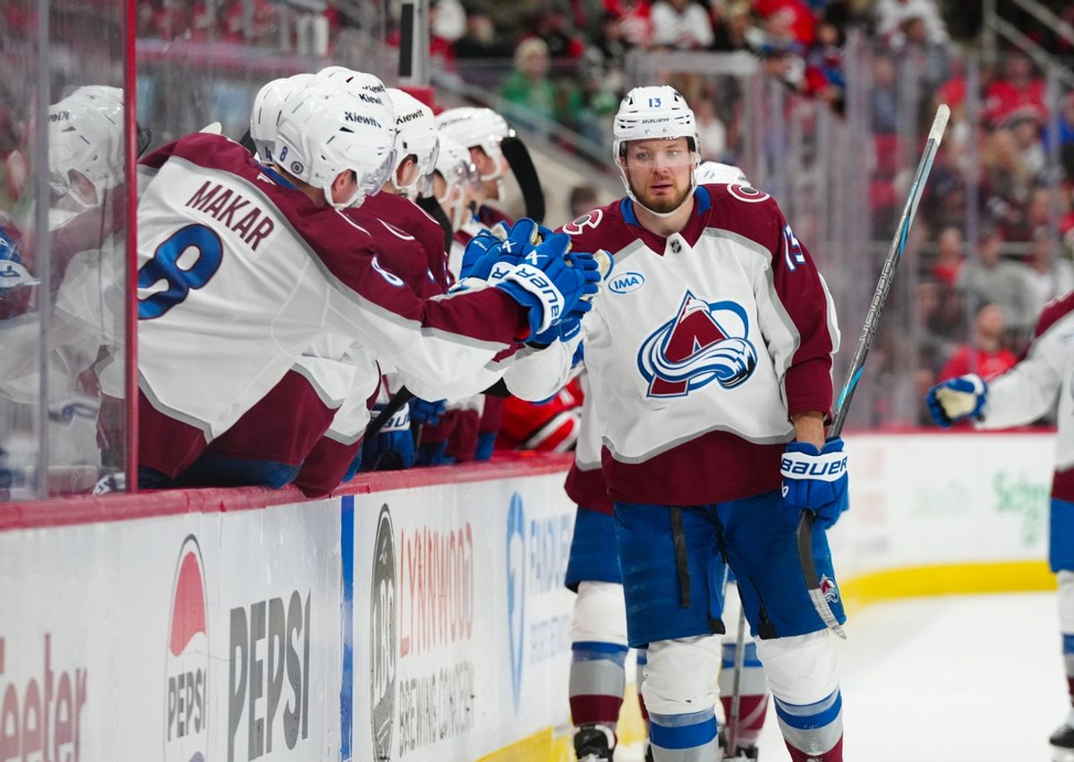 Dec 5, 2024; Raleigh, North Carolina, USA;  Colorado Avalanche right wing Valeri Nichushkin (13) celebrates his goal against the Carolina Hurricanes during the third period at Lenovo Center. Mandatory Credit: James Guillory-Imagn Images