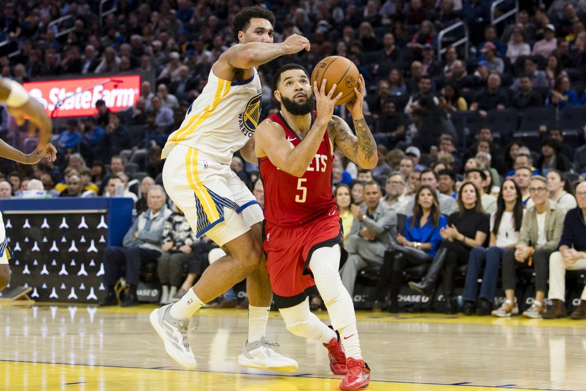 Dec 5, 2024; San Francisco, California, USA;  Golden State Warriors center Trayce Jackson-Davis (32) defends against Houston Rockets guard Fred VanVleet (5) during the third quarter at Chase Center. Mandatory Credit: John Hefti-Imagn Images