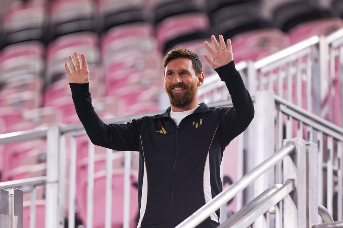 Dec 4, 2024; Ft. Lauderdale, Florida, USA; Inter Miami CF forward Lionel Messi (10) waves at Inter Miami CF academy players from the stands during the presentation of the MLS Landon Donovan MVP Award at Chase Stadium. Mandatory Credit: Sam Navarro-Imagn Images