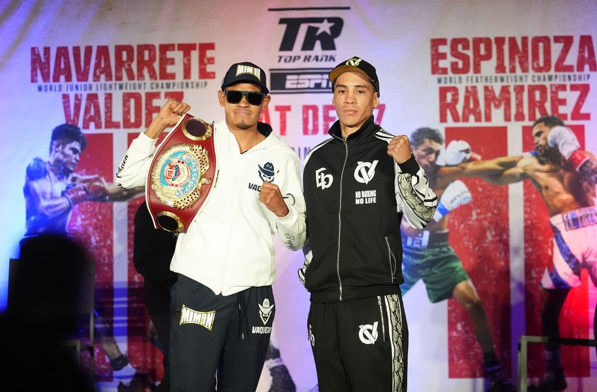World Junior Lightweight Champion Emanuel Navarrete and challenger Oscar Valdez (right) during an ESPN Top Rank Boxing news conference at Sheraton Phoenix Downtown on Dec. 5, 2024.