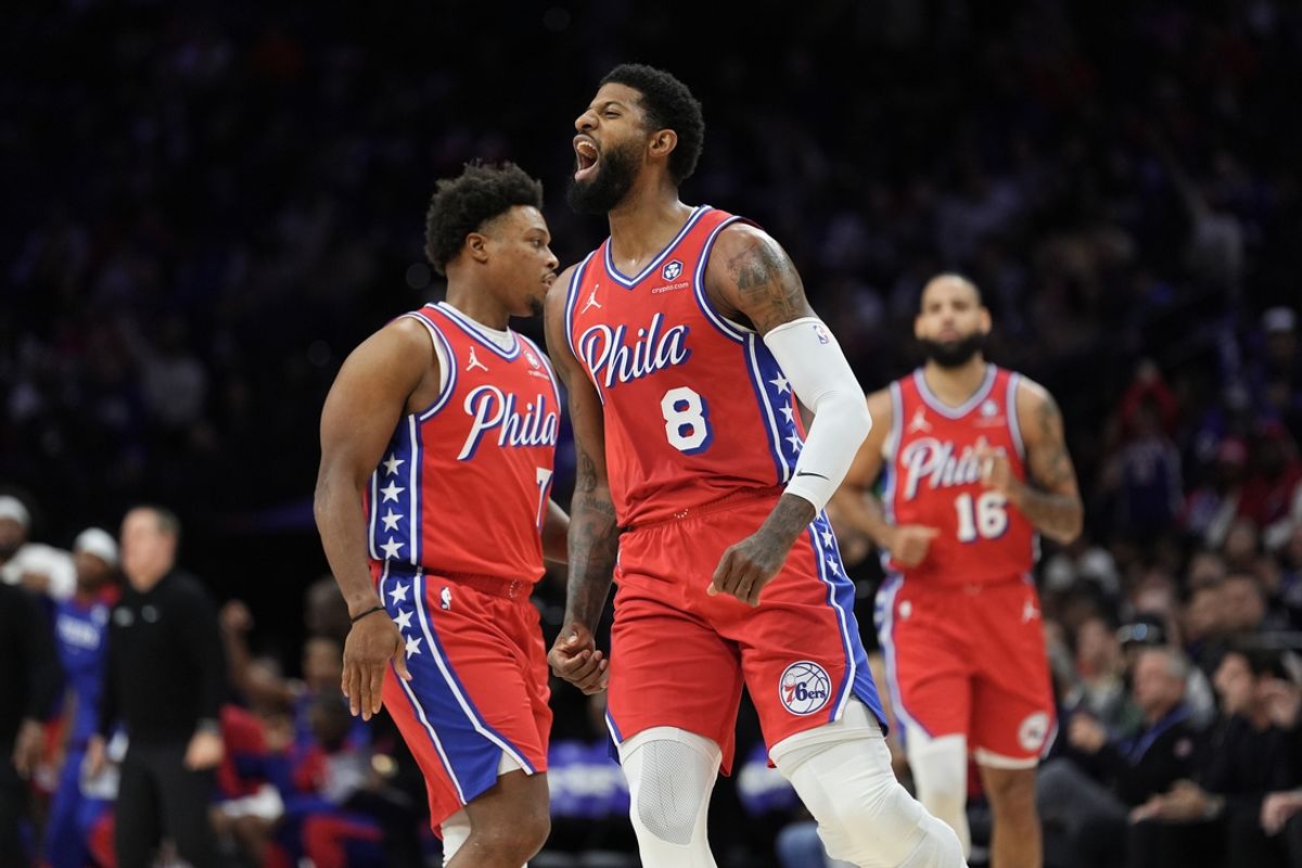 Dec 6, 2024; Philadelphia, Pennsylvania, USA; Philadelphia 76ers forward Paul George (8) reacts against the Orlando Magic in the second quarter at Wells Fargo Center. Mandatory Credit: Kyle Ross-Imagn Images