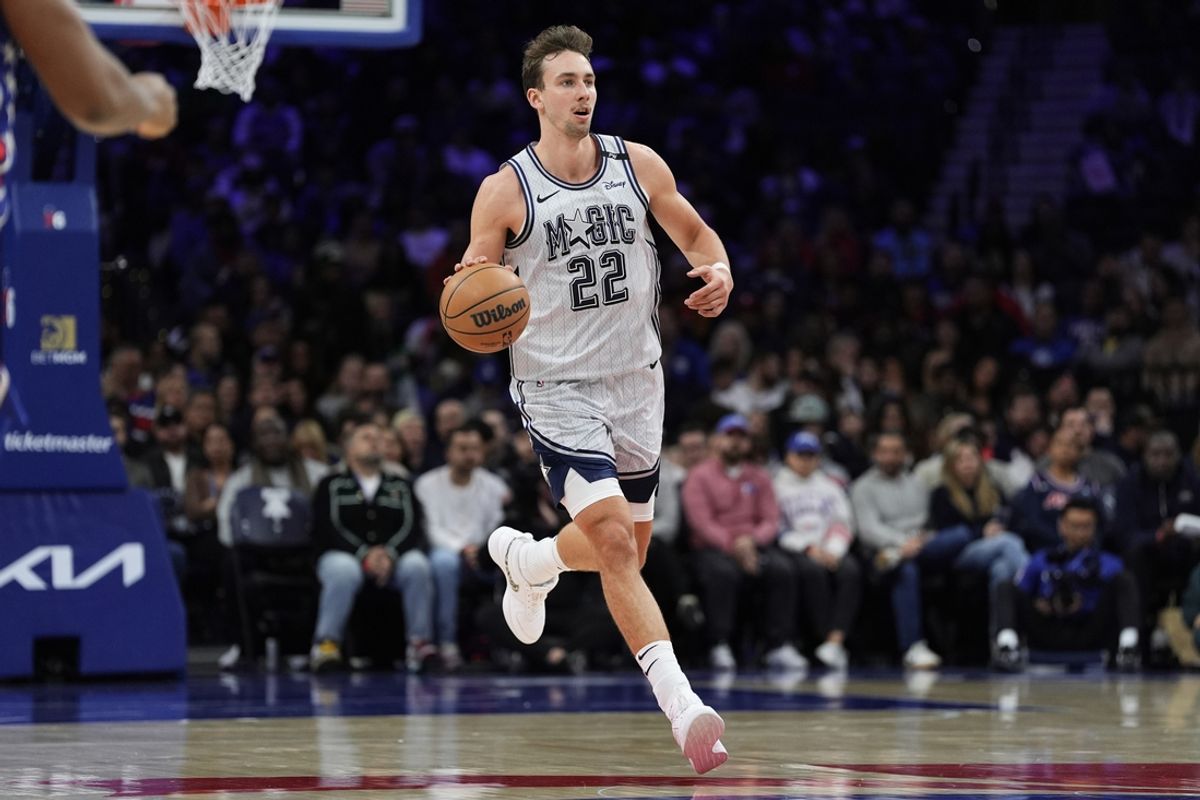 Dec 6, 2024; Philadelphia, Pennsylvania, USA; Orlando Magic forward Franz Wagner (22) controls the ball against the Philadelphia 76ers in the second quarter at Wells Fargo Center. Mandatory Credit: Kyle Ross-Imagn Images