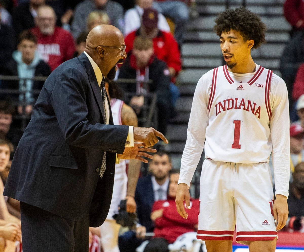Indiana Head Coach Mike Woodson instructs Myles Rice (1) during the Indiana versus Miami (Ohio) men's basketball game at Simon Skjodt Asseembly Hall on Friday, Dec. 6, 2024.