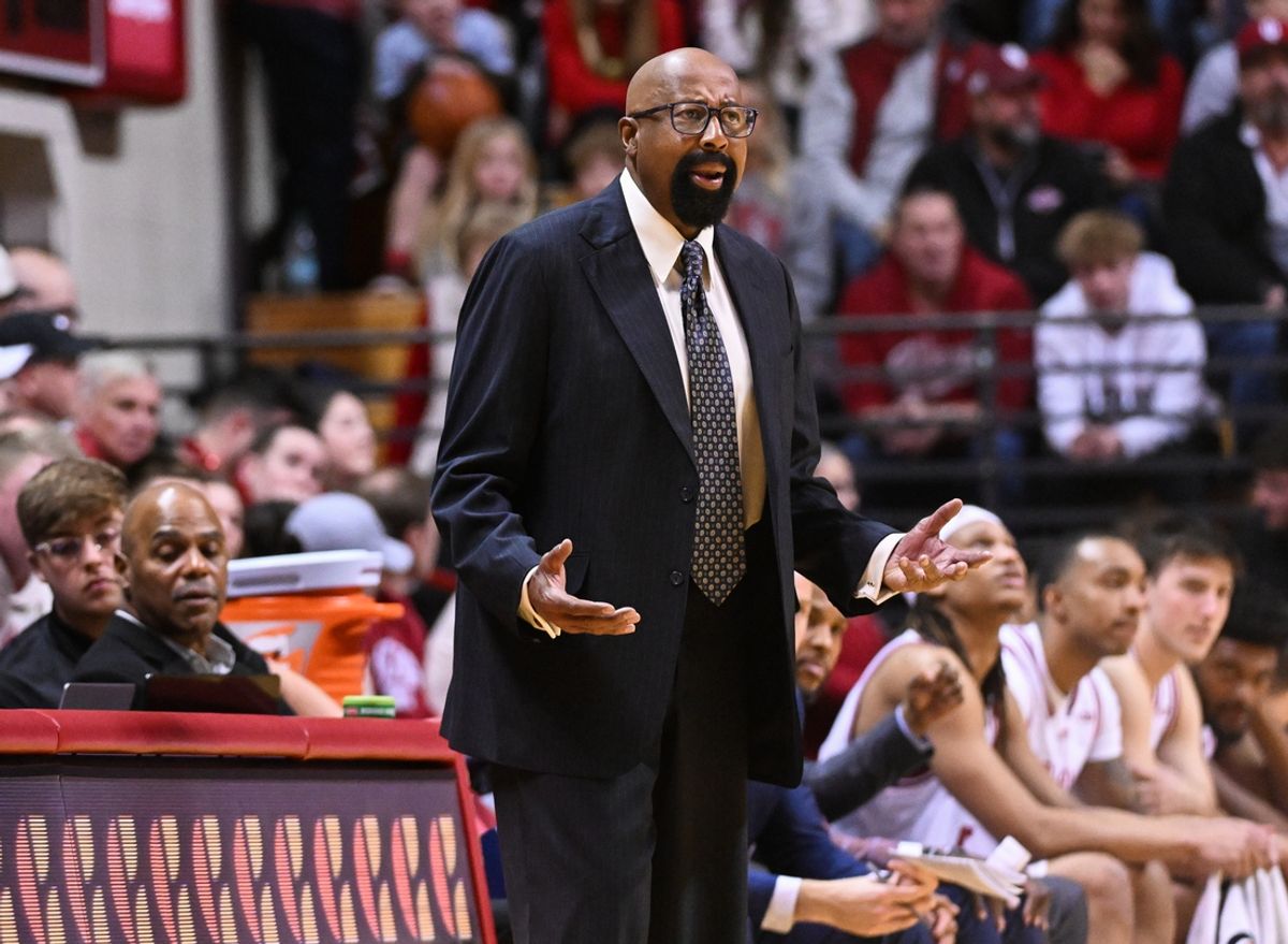 Dec 6, 2024; Bloomington, Indiana, USA;  Indiana Hoosiers head coach Mike Woodson reacts to a call during the second half against the Miami (Oh) Redhawks at Simon Skjodt Assembly Hall. Mandatory Credit: Robert Goddin-Imagn Images