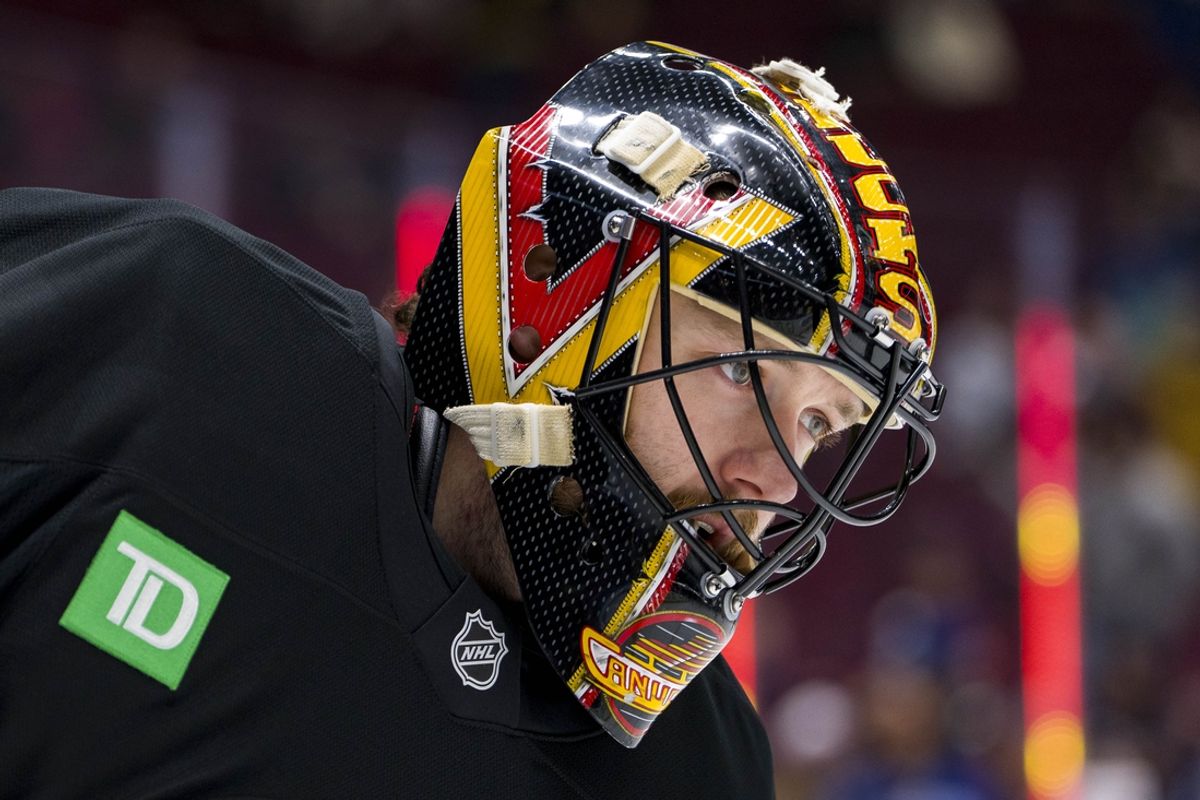 Dec 6, 2024; Vancouver, British Columbia, CAN; Vancouver Canucks goalie Thatcher Demko (35) skates during warm up prior to a game against the Columbus Blue Jackets at Rogers Arena. Mandatory Credit: Bob Frid-Imagn Images