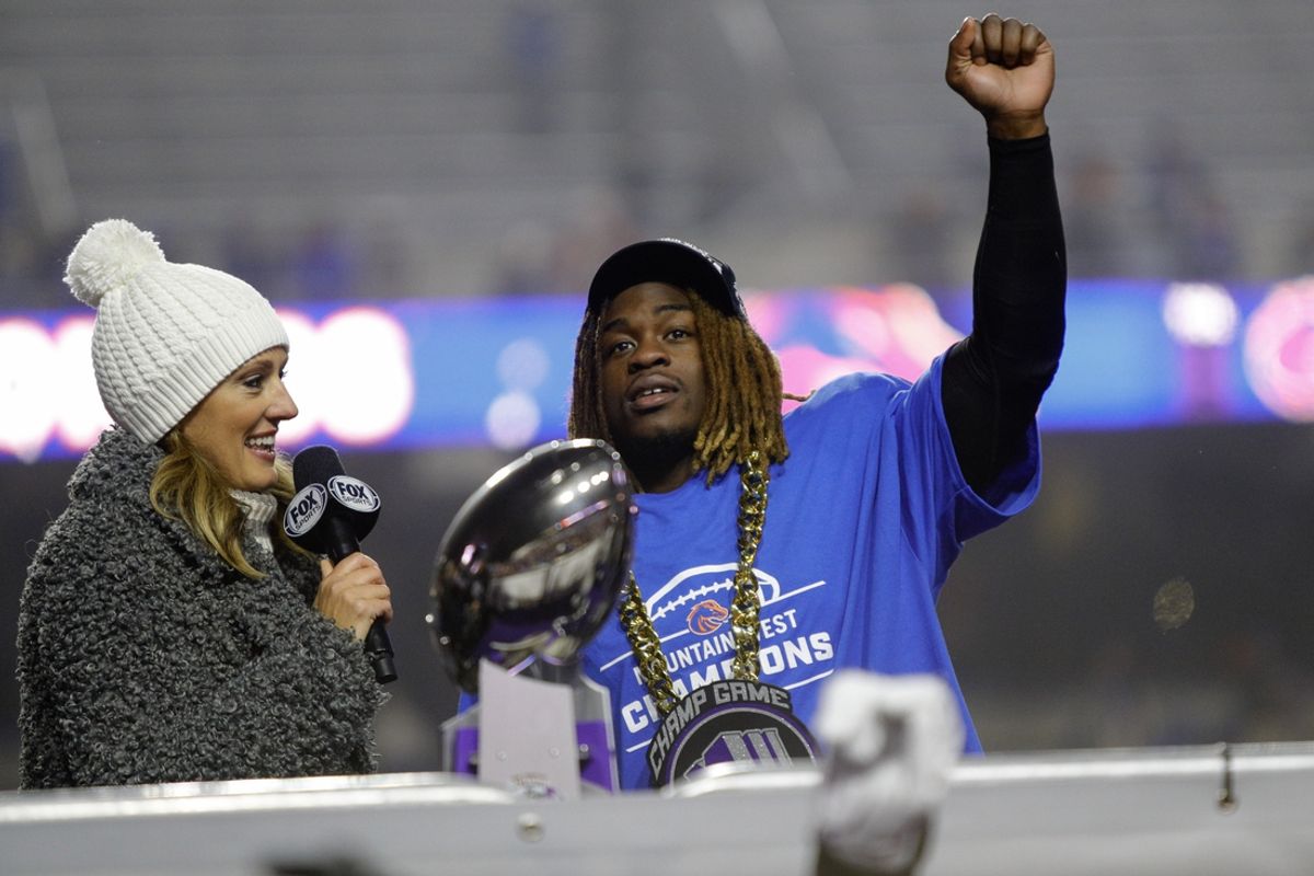 Dec 6, 2024; Boise, ID, USA; Boise State Broncos running back Ashton Jeanty (2) is interviewed by Fox Sports reporter Allison Williams after the game against the UNLV Rebels at Albertsons Stadium. Boise State beats UNLV 21-7.   Mandatory Credit: Brian Losness-Imagn Images