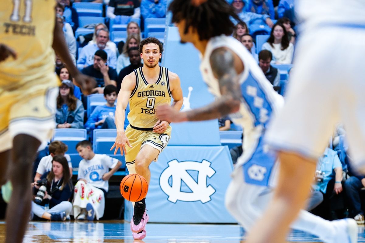 Dec 7, 2024; Chapel Hill, North Carolina, USA; Georgia Tech Yellow Jackets guard Lance Terry (0) dribbles during the first half of the game against the North Carolina Tar Heels at Dean E. Smith Center. Mandatory Credit: Jaylynn Nash-Imagn Images