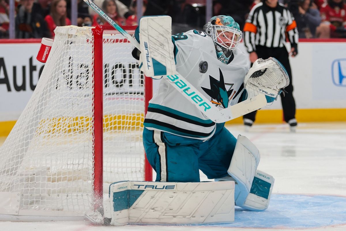 Dec 7, 2024; Sunrise, Florida, USA; San Jose Sharks goaltender Mackenzie Blackwood (29) makes a save against the Florida Panthers during the second period at Amerant Bank Arena. Mandatory Credit: Sam Navarro-Imagn Images