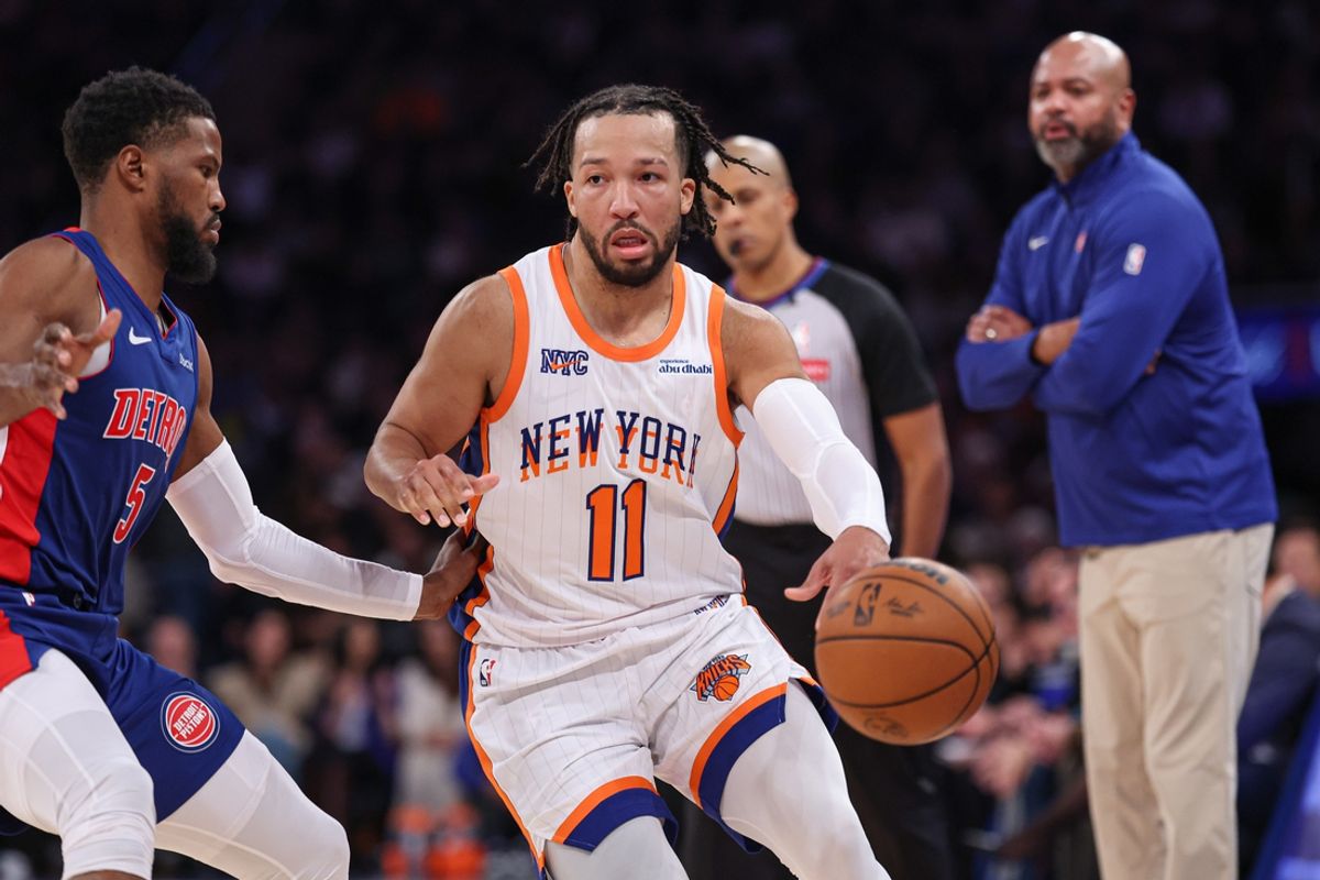 Dec 7, 2024; New York, New York, USA; New York Knicks guard Jalen Brunson (11) dribbles against Detroit Pistons guard Malik Beasley (5) during the second half at Madison Square Garden. Mandatory Credit: Vincent Carchietta-Imagn Images