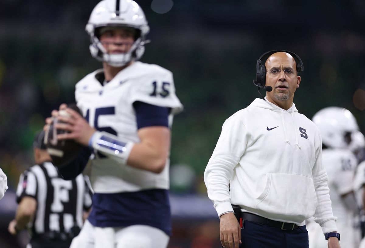 Dec 7, 2024; Indianapolis, IN, USA; Penn State Nittany Lions head coach James Franklin watches quarterback Drew Allar (15) throw against the Oregon Ducks during the second quarter in the 2024 Big Ten Championship game at Lucas Oil Stadium. Mandatory Credit: Jordan Prather-Imagn Images