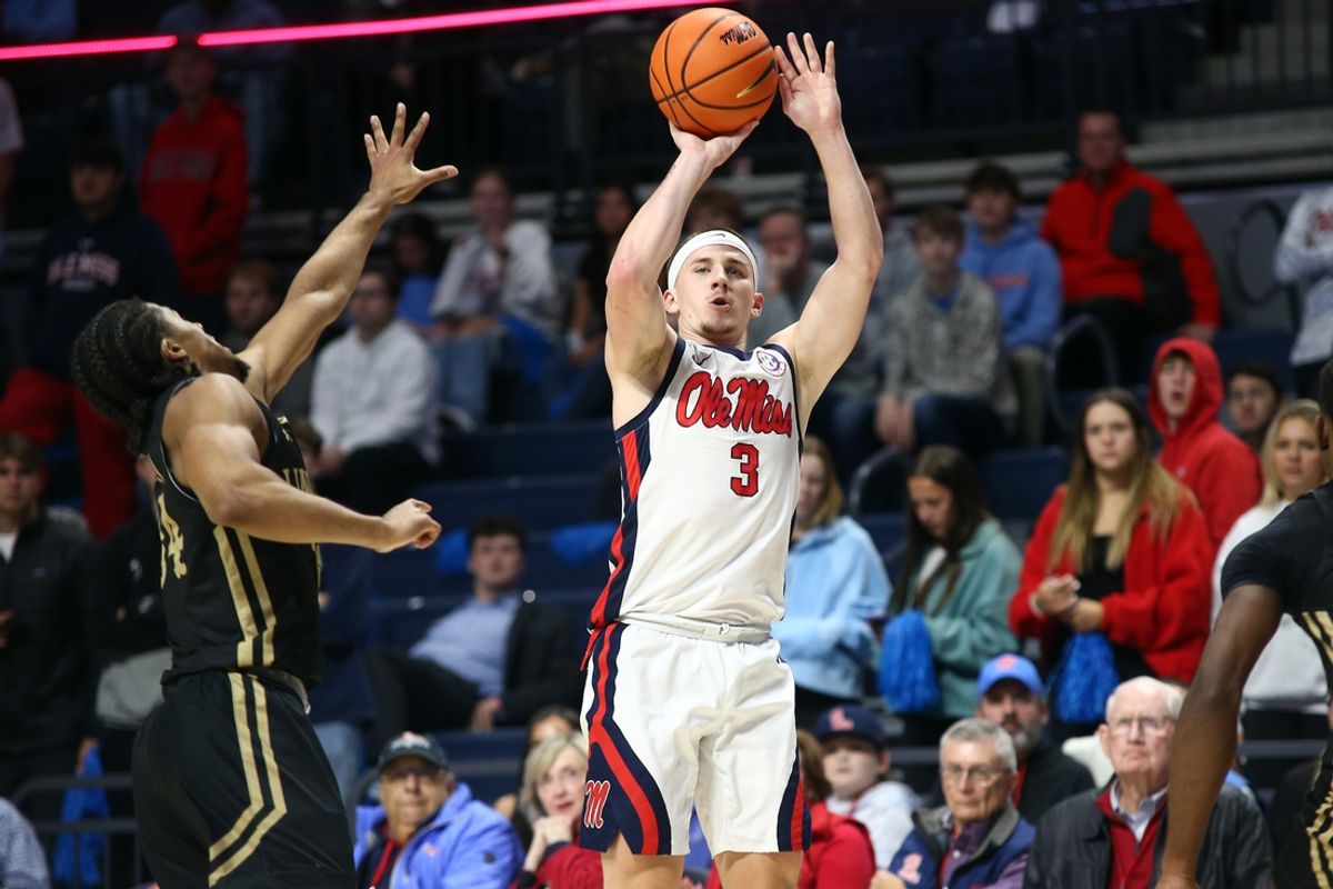 Dec 7, 2024; Oxford, Mississippi, USA; Mississippi Rebels guard Sean Pedulla (3) shoots the ball against the Lindenwood Lions during the first half at The Sandy and John Black Pavilion at Ole Miss. Mandatory Credit: Petre Thomas-Imagn Images