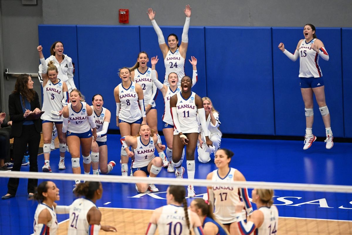 Kansas celebrates scoring in the fifth set during the second round of the NCAA Division 1 Women’s Volleyball Championship at Horejsi Family Volleyball Arena Saturday, Dec. 7, 2024 in Lawrence, Kan.