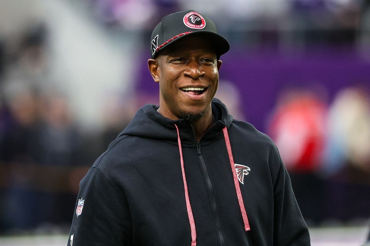 Dec 8, 2024; Minneapolis, Minnesota, USA; Atlanta Falcons head coach Raheem Morris looks on before the game against the Minnesota Vikings at U.S. Bank Stadium. Mandatory Credit: Matt Krohn-Imagn Images