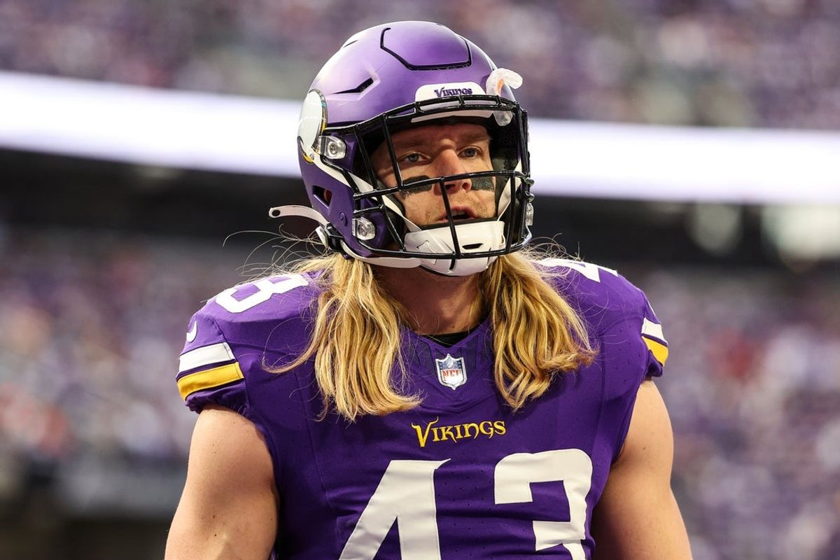 Dec 8, 2024; Minneapolis, Minnesota, USA; Minnesota Vikings linebacker Andrew Van Ginkel (43) looks on before the game against the Atlanta Falcons at U.S. Bank Stadium. Mandatory Credit: Matt Krohn-Imagn Images
