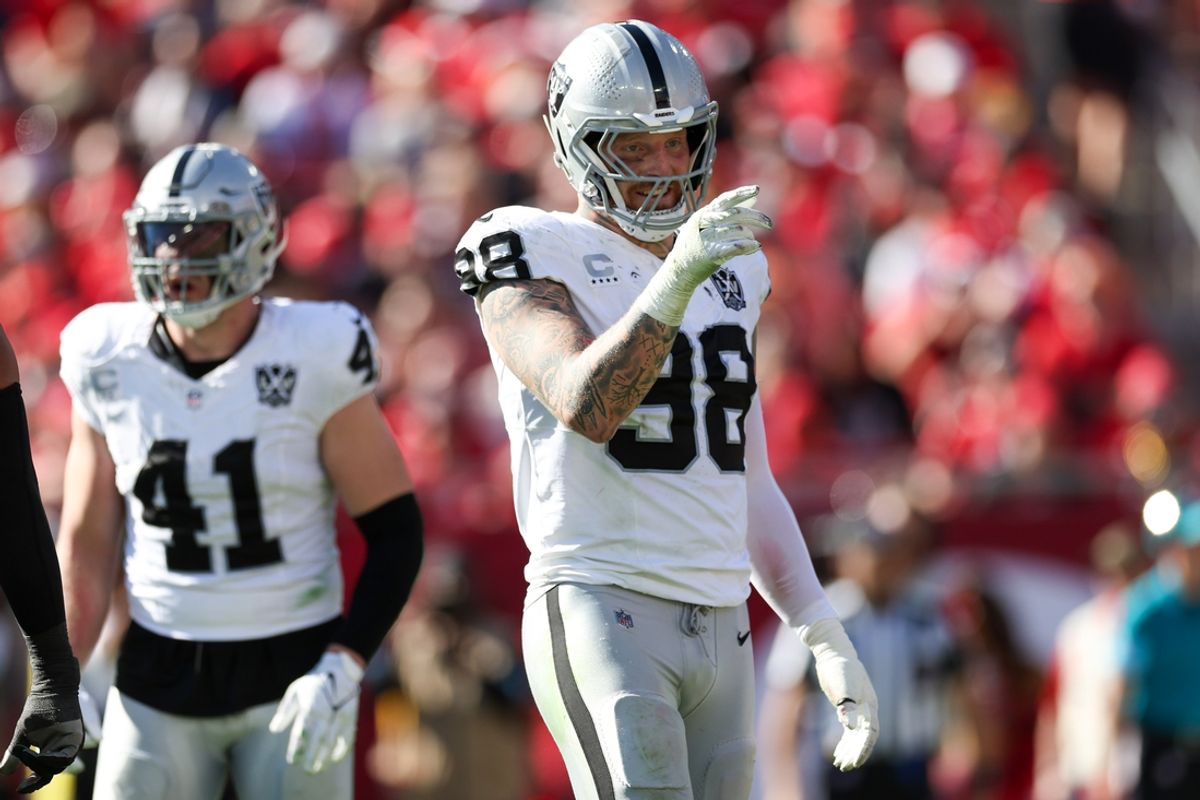 Dec 8, 2024; Tampa, Florida, USA; Las Vegas Raiders defensive end Maxx Crosby (98) celebrates after a sack against the Tampa Bay Buccaneers in the second quarter at Raymond James Stadium. Mandatory Credit: Nathan Ray Seebeck-Imagn Images