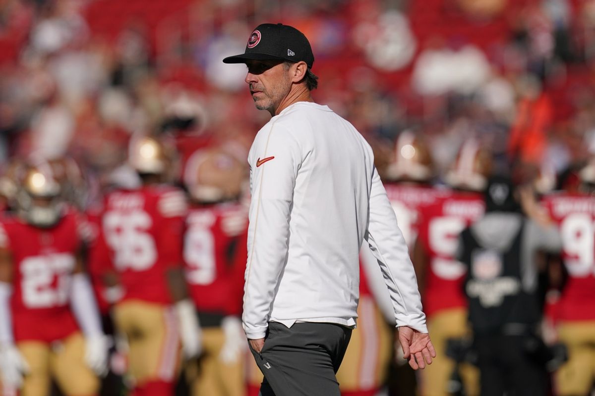 Dec 8, 2024; Santa Clara, California, USA; San Francisco 49ers head coach Kyle Shanahan walks on the field before the start of the game against the Chicago Bears at Levi's Stadium. Mandatory Credit: Cary Edmondson-Imagn Images