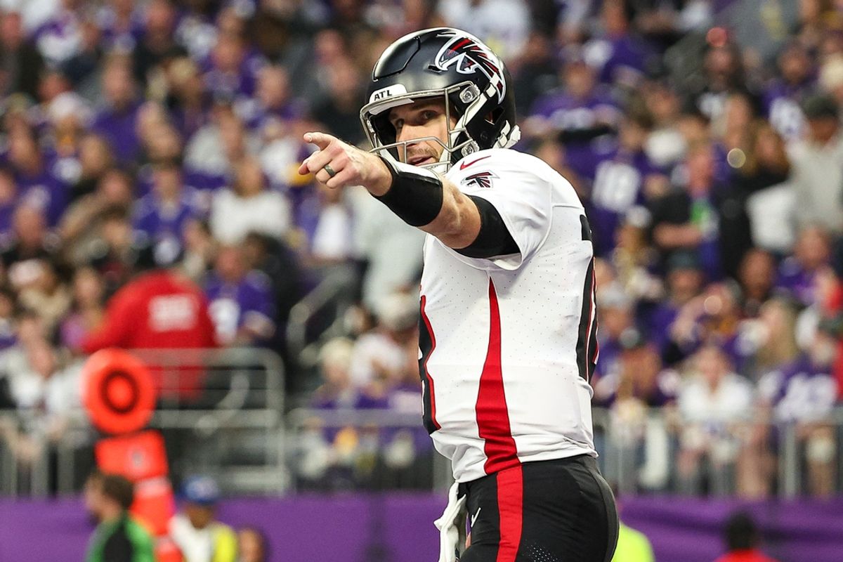 Dec 8, 2024; Minneapolis, Minnesota, USA; Atlanta Falcons quarterback Kirk Cousins (18) celebrates running back Bijan Robinson's (7) touchdown against the Minnesota Vikings during the third quarter at U.S. Bank Stadium. Mandatory Credit: Matt Krohn-Imagn Images