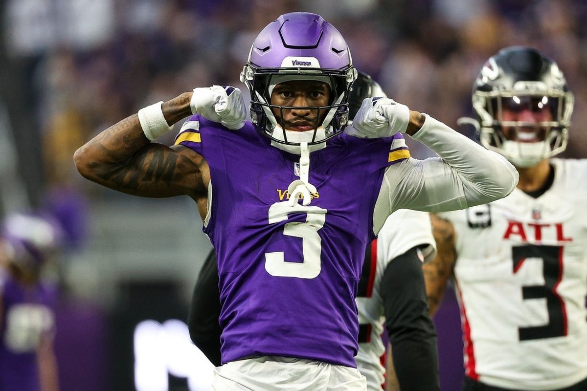 Dec 8, 2024; Minneapolis, Minnesota, USA; Minnesota Vikings wide receiver Jordan Addison (3) celebrates his catch against the Atlanta Falcons during the fourth quarter at U.S. Bank Stadium. Mandatory Credit: Matt Krohn-Imagn Images