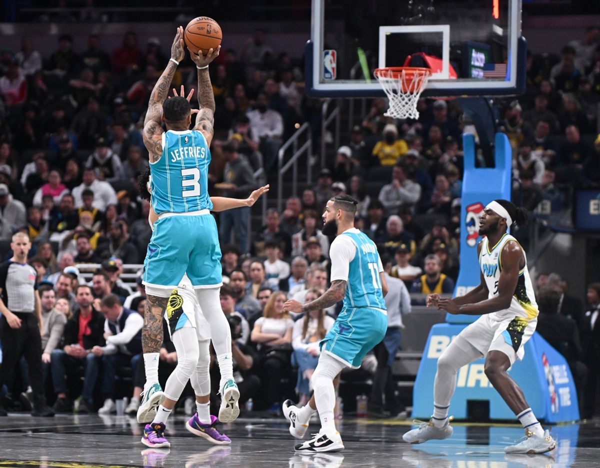 Dec 8, 2024; Indianapolis, Indiana, USA; Charlotte Hornets guard DaQuan Jeffries (3) attempts a shot during the first half against the Indiana Pacers at Gainbridge Fieldhouse. Mandatory Credit: Robert Goddin-Imagn Images