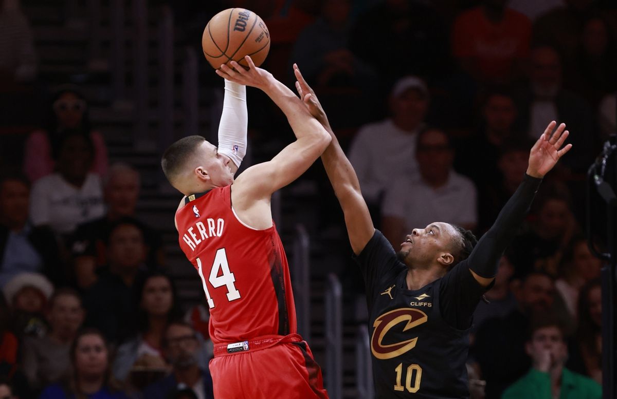 Dec 8, 2024; Miami, Florida, USA;  Cleveland Cavaliers guard Darius Garland (10) defends Miami Heat guard Tyler Herro (14) during the first half at Kaseya Center. Mandatory Credit: Rhona Wise-Imagn Images