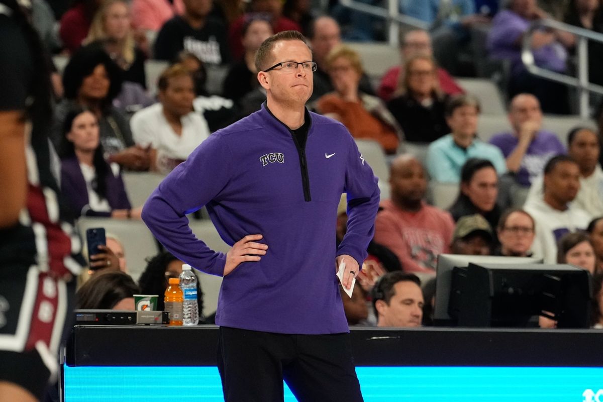 Dec 8, 2024; Fort Worth, Texas, USA; TCU Horned Frogs head coach Mark Campbell reacts against the South Carolina Gamecocks during the first half at Dickies Arena. Mandatory Credit: Chris Jones-Imagn Images