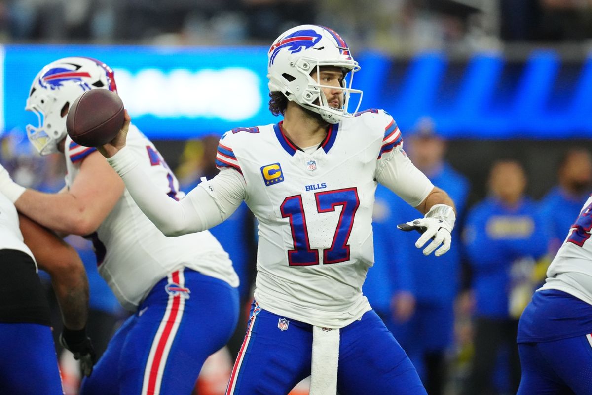 Dec 8, 2024; Inglewood, California, USA; Buffalo Bills quarterback Josh Allen (17) throws the ball against the Los Angeles Rams in the second half at SoFi Stadium. Mandatory Credit: Kirby Lee-Imagn Images