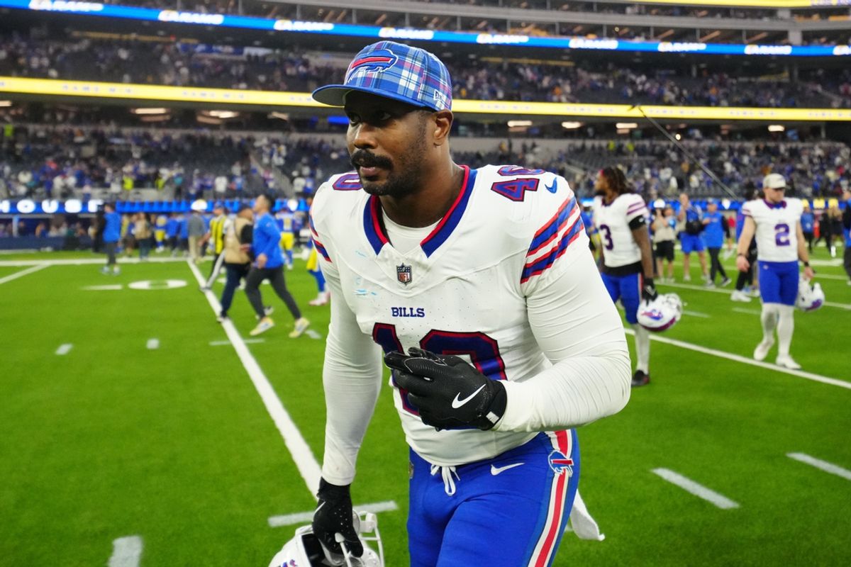 Dec 8, 2024; Inglewood, California, USA; Buffalo Bills linebacker Von Miller (40) leaves the field after the game against the Los Angeles Rams at SoFi Stadium. Mandatory Credit: Kirby Lee-Imagn Images