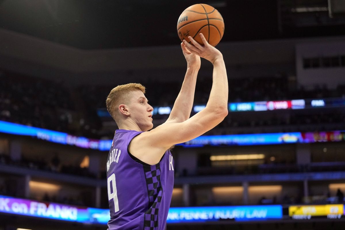Dec 8, 2024; Sacramento, California, USA; Sacramento Kings guard Kevin Huerter (9) shoots against the Utah Jazz during the first quarter at Golden 1 Center. Mandatory Credit: Darren Yamashita-Imagn Images
