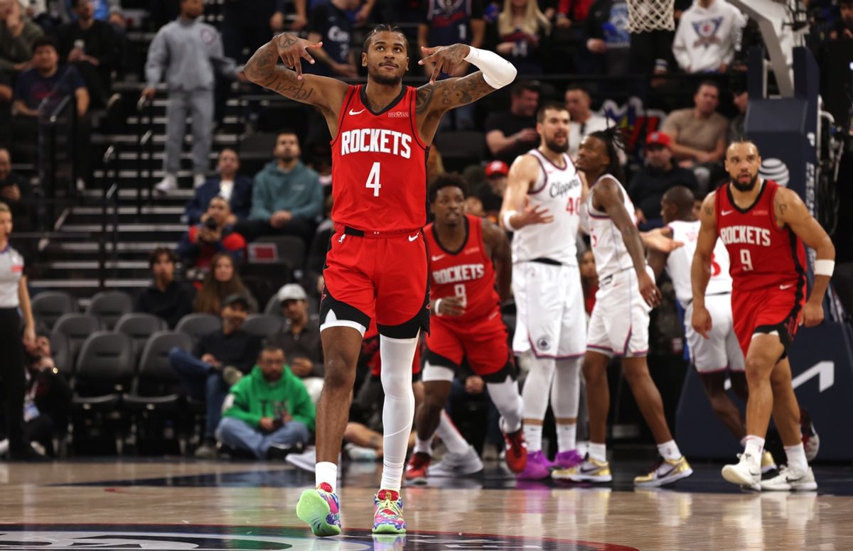Dec 8, 2024; Inglewood, California, USA; Houston Rockets guard Jalen Green (4) reacts after a basket during the second quarter against the LA Clippers at Intuit Dome. Mandatory Credit: Jason Parkhurst-Imagn Images