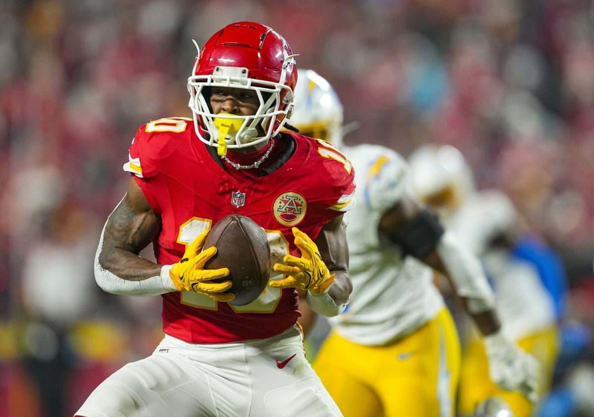Dec 8, 2024; Kansas City, Missouri, USA; Kansas City Chiefs running back Isiah Pacheco (10) catches a pass during the second half against the Los Angeles Chargers at GEHA Field at Arrowhead Stadium. Mandatory Credit: Jay Biggerstaff-Imagn Images