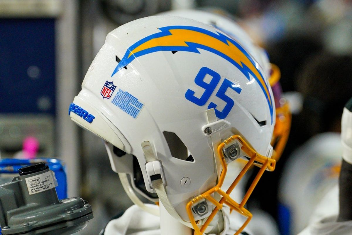 Dec 8, 2024; Kansas City, Missouri, USA; A general view of a Los Angeles Chargers helmet against the Kansas City Chiefs during the second half at GEHA Field at Arrowhead Stadium. Mandatory Credit: Denny Medley-Imagn Images