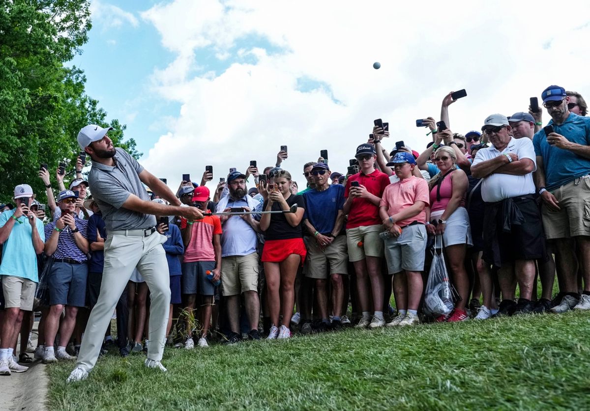 May 18, 2024; Louisville, Kentucky, USA; Scottie Scheffler takes a shot on the fourth hole during the third round of the PGA Championship golf tournament at Valhalla Golf Club.