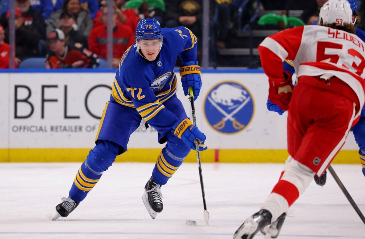 Dec 9, 2024; Buffalo, New York, USA;  Buffalo Sabres center Tage Thompson (72) skates up ice with the puck during the second period against the Detroit Red Wings at KeyBank Center. Mandatory Credit: Timothy T. Ludwig-Imagn Images
