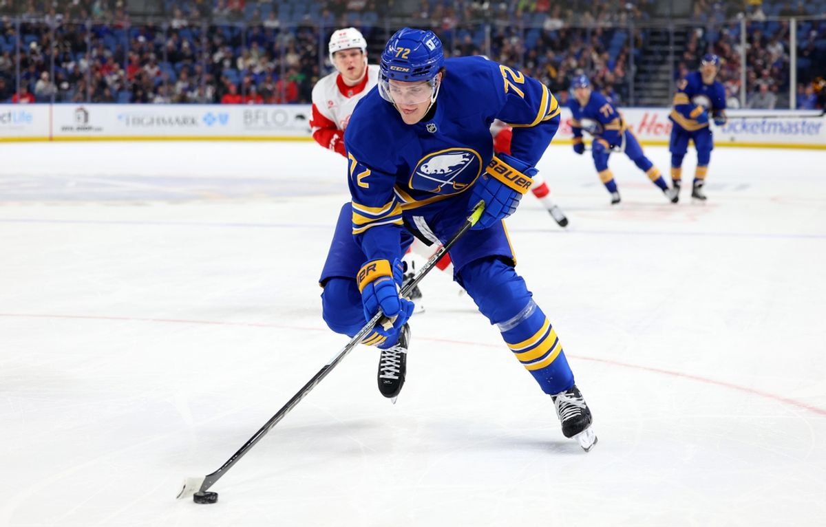 Dec 9, 2024; Buffalo, New York, USA;  Buffalo Sabres center Tage Thompson (72) skates up ice with the puck and looks to make a play during the second period against the Detroit Red Wings at KeyBank Center. Mandatory Credit: Timothy T. Ludwig-Imagn Images
