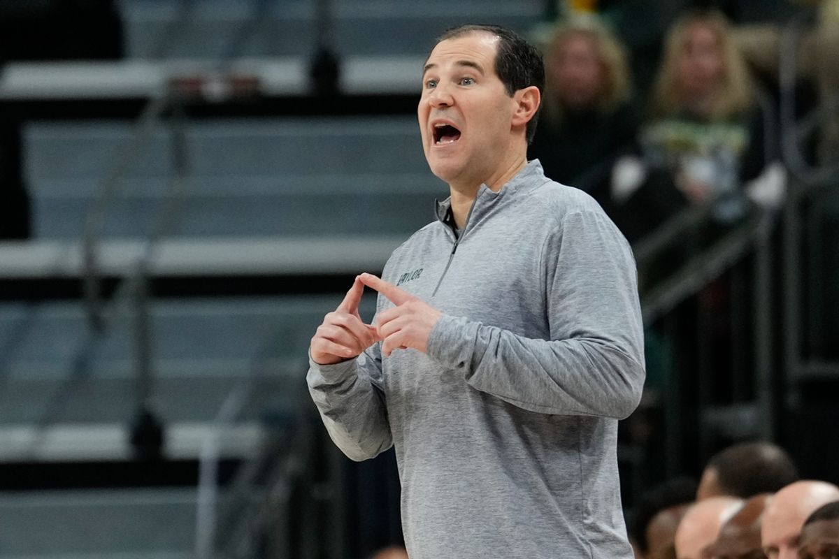 Dec 9, 2024; Waco, Texas, USA;  Baylor Bears head coach Scott Drew calls a play against the Abilene Christian Wildcats during the first half at Paul and Alejandra Foster Pavilion. Mandatory Credit: Chris Jones-Imagn Images