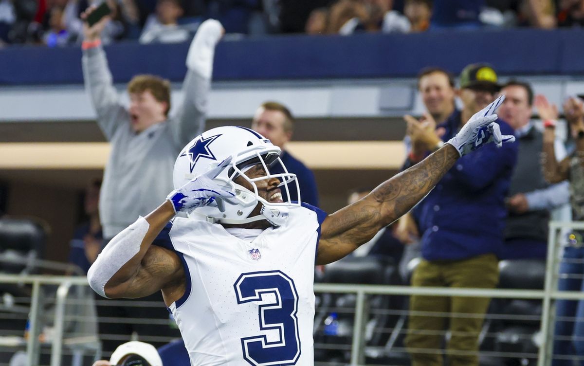Dec 9, 2024; Arlington, Texas, USA; Dallas Cowboys wide receiver Brandin Cooks (3) reacts after scoring a touchdown during the second half against the Cincinnati Bengals at AT&T Stadium. Mandatory Credit: Kevin Jairaj-Imagn Images