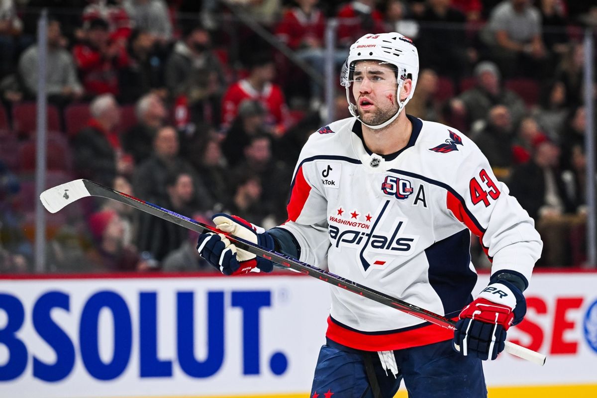 Dec 7, 2024; Montreal, Quebec, CAN; Washington Capitals right wing Tom Wilson (43) looks on against the Montreal Canadiens during the third period at Bell Centre. Mandatory Credit: David Kirouac-Imagn Images