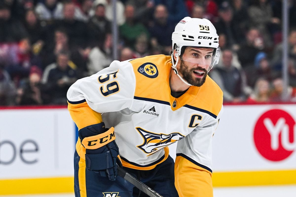 Dec 5, 2024; Montreal, Quebec, CAN; Nashville Predators defenseman Roman Josi (59) waits for a face-off against the Montreal Canadiens during the second period at Bell Centre. Mandatory Credit: David Kirouac-Imagn Images