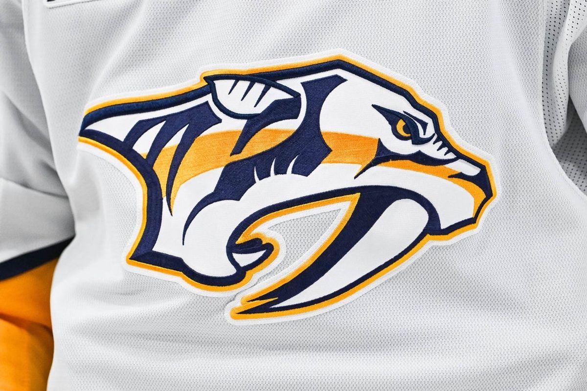 Dec 5, 2024; Montreal, Quebec, CAN; View of a Nashville Predators logo on a jersey worn by a member of the team during the second period at Bell Centre. Mandatory Credit: David Kirouac-Imagn Images