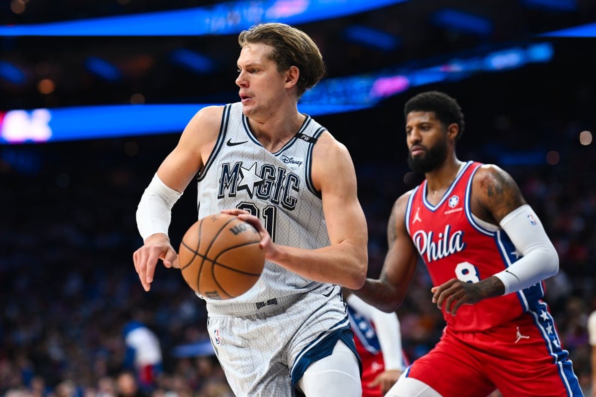 Dec 6, 2024; Philadelphia, Pennsylvania, USA; Orlando Magic forward Moritz Wagner (21) controls the ball against the Philadelphia 76ers in the second quarter at Wells Fargo Center. Mandatory Credit: Kyle Ross-Imagn Images