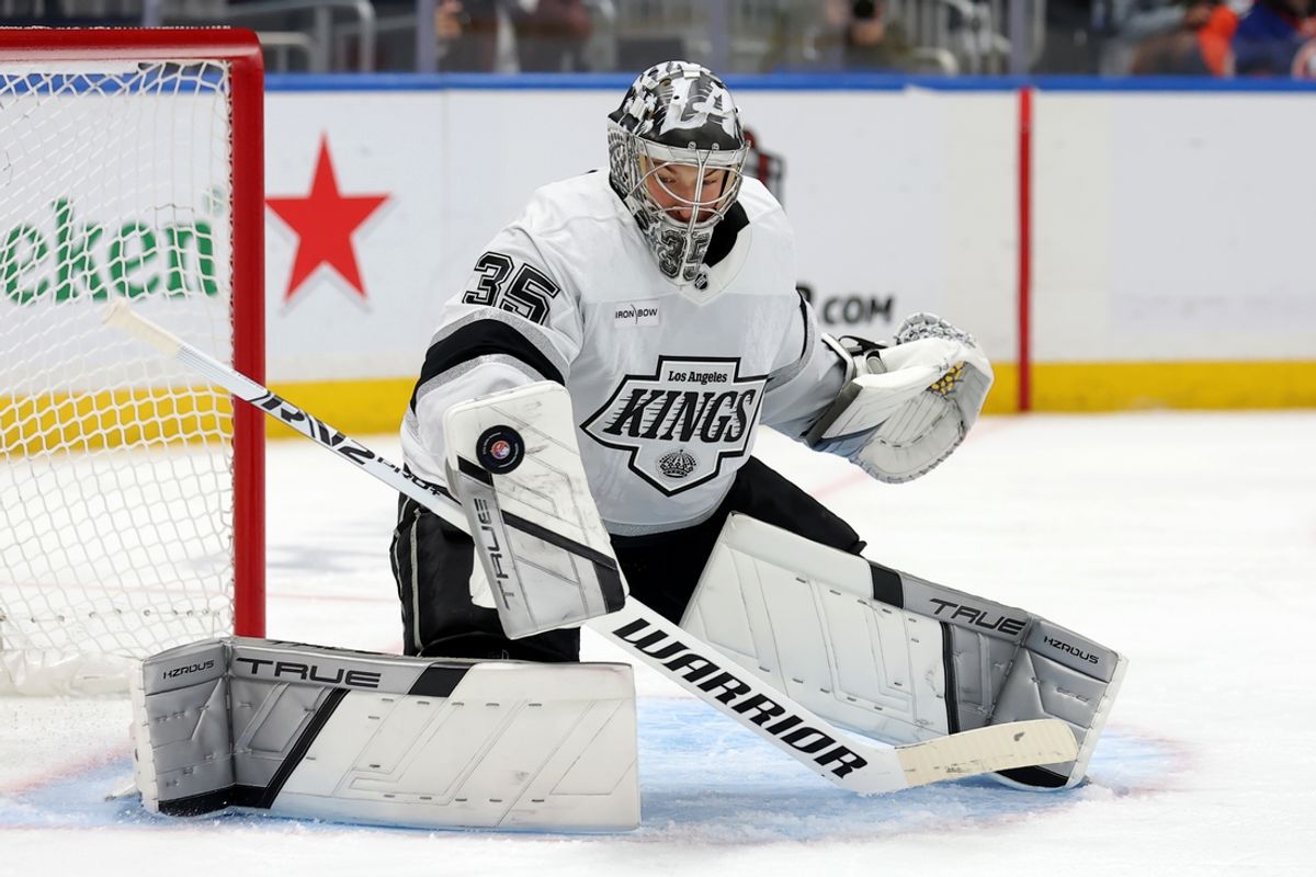 Dec 10, 2024; Elmont, New York, USA; Los Angeles Kings goaltender Darcy Kuemper (35) makes a save against the New York Islanders during the second period at UBS Arena. Mandatory Credit: Brad Penner-Imagn Images