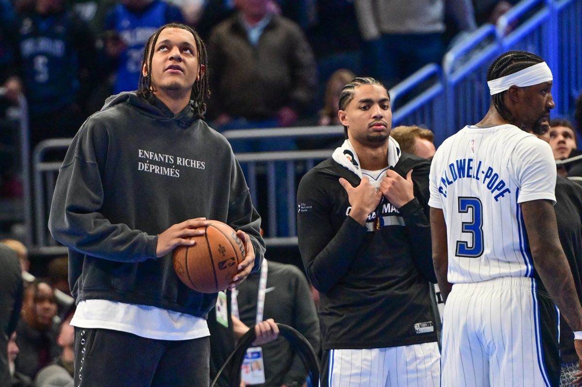 Dec 10, 2024; Milwaukee, Wisconsin, USA;  Orlando Magic forward Paolo Banchero (5) looks on from the bench during game against the Milwaukee Bucks at Fiserv Forum. Mandatory Credit: Benny Sieu-Imagn Images