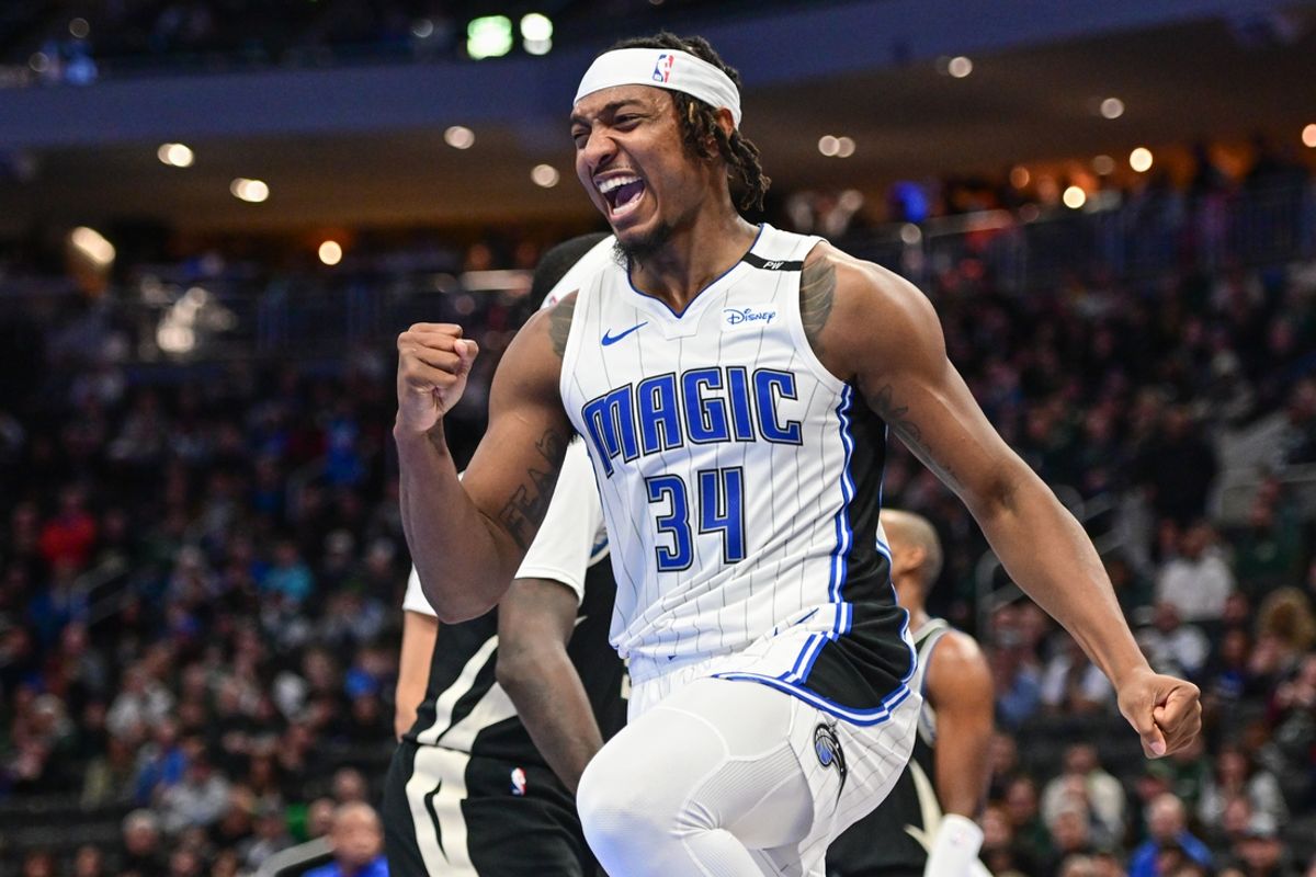 Dec 10, 2024; Milwaukee, Wisconsin, USA;  Orlando Magic center Wendell Carter Jr. (34) reacts after scoring a basket in the fourth quarter against the Milwaukee Bucks at Fiserv Forum. Mandatory Credit: Benny Sieu-Imagn Images